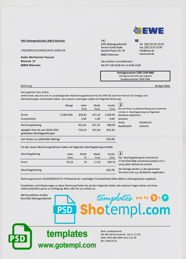 Germany EWE utility bill template, fully editable in PSD format